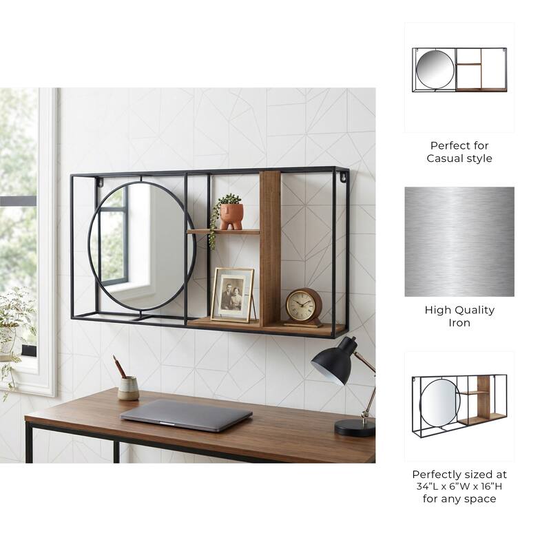 Wall Mount Shelf - Black Metal Brown Wood with Mirror - 34.0"
