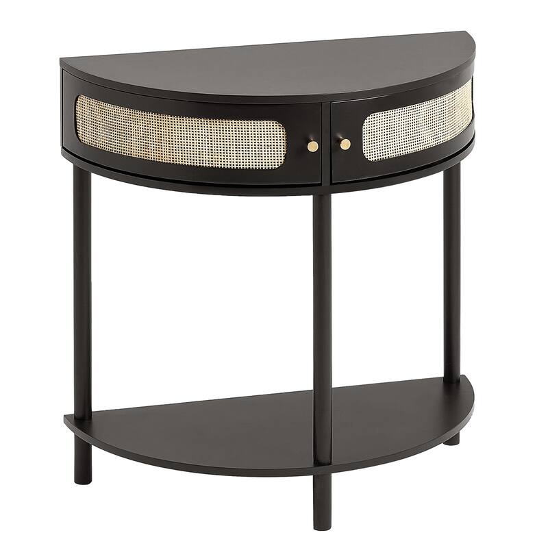 Half-Moon Rattan Console Table with Drawers & Sliding Door - 31.88 x 15.74 x 32.28 inch