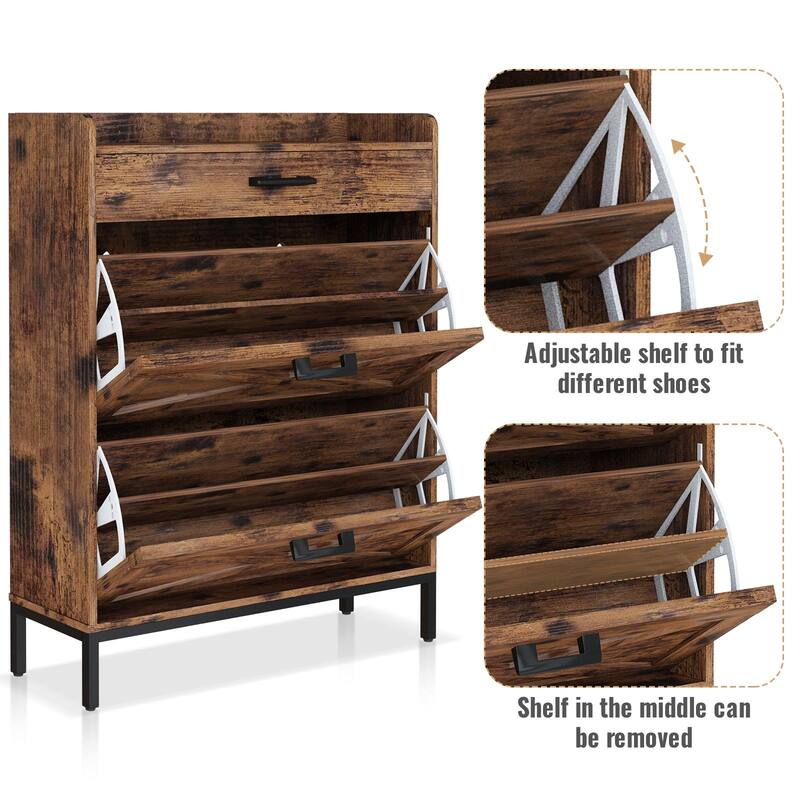 Mieres Rustic Brown Wooden 12 Pair Shoe Storage Cabinet with Flip Drawer, Entryway Organizer - 2-Tier