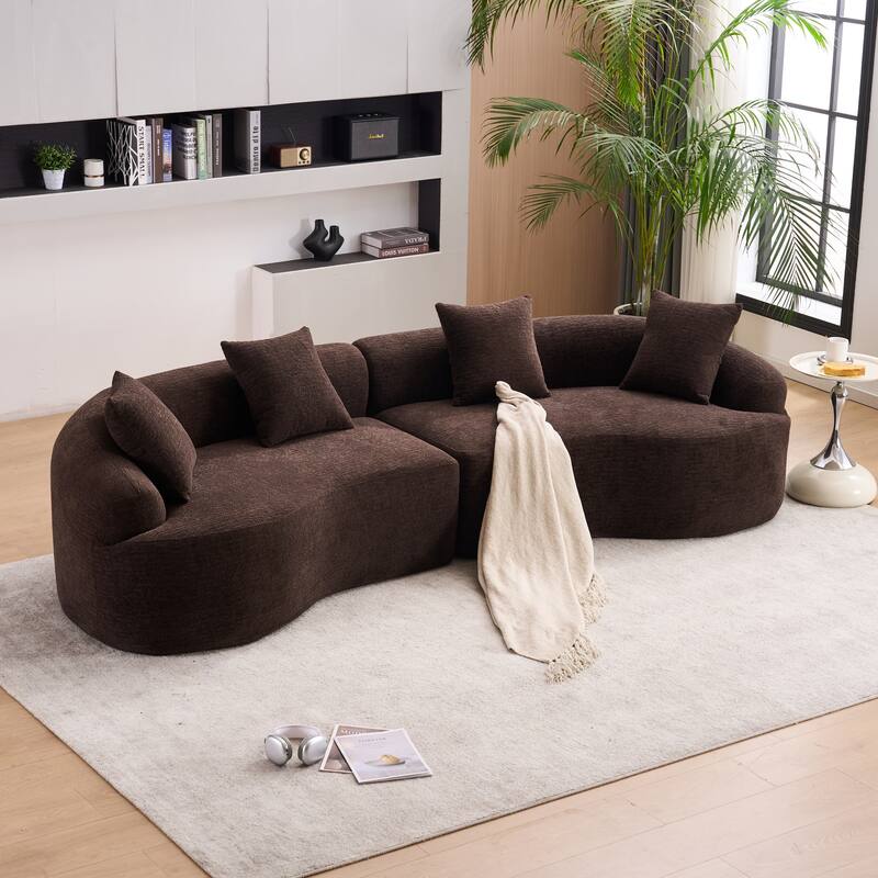 Chenille Floor Standing Curved Sectional Sofa Modular Lounge Sleeper Couch Full Compression Sponge Sofa with Pillows - Antique Brown