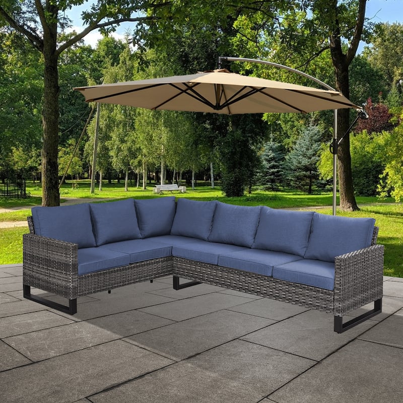 Outdoor Sectional Sofa High Back Sofa with Cushion - Blue - Grey