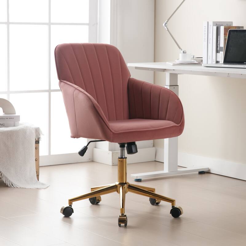 Velvet Adjustable Home Office Swivel Leisure Desk Chair with Gold Base - Rose Red