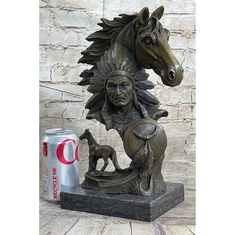 Native American Indian Bust W/ Horses Bronze Statue Sculpture Original Art Decor