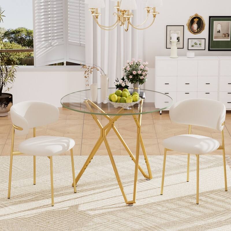 Gold Modern Tempered Glass Dining Table with Metal Legs for Kitchen, Living Room