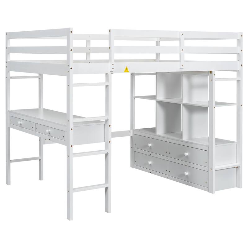 White Full Size Pine Wood Loft Bed with Built-in Desk, Drawers, and Storage