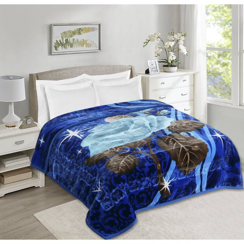 Empyrean Velvet 2 Ply Heavy Reversible Printed Raschel Blanket - King - Blue Floral