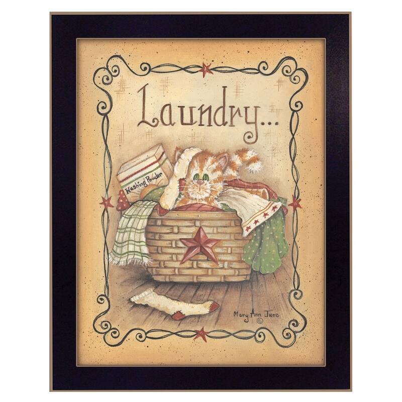 TrendyDecor4U Farmhouse "Laundry" Framed Print Wall Art by Mary Ann June - Brown, Tan, Yellow