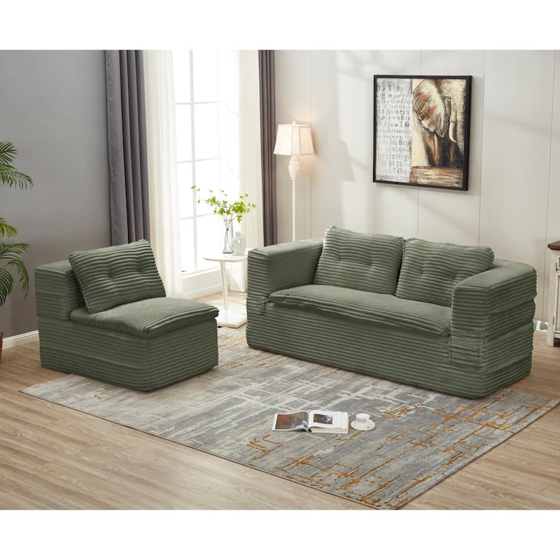 Sleeper Sofa with Chaise Lounge, Convertible Sectional Couch Bed, Corduroy 3-Seat Sofa, Folding Boneless Couch