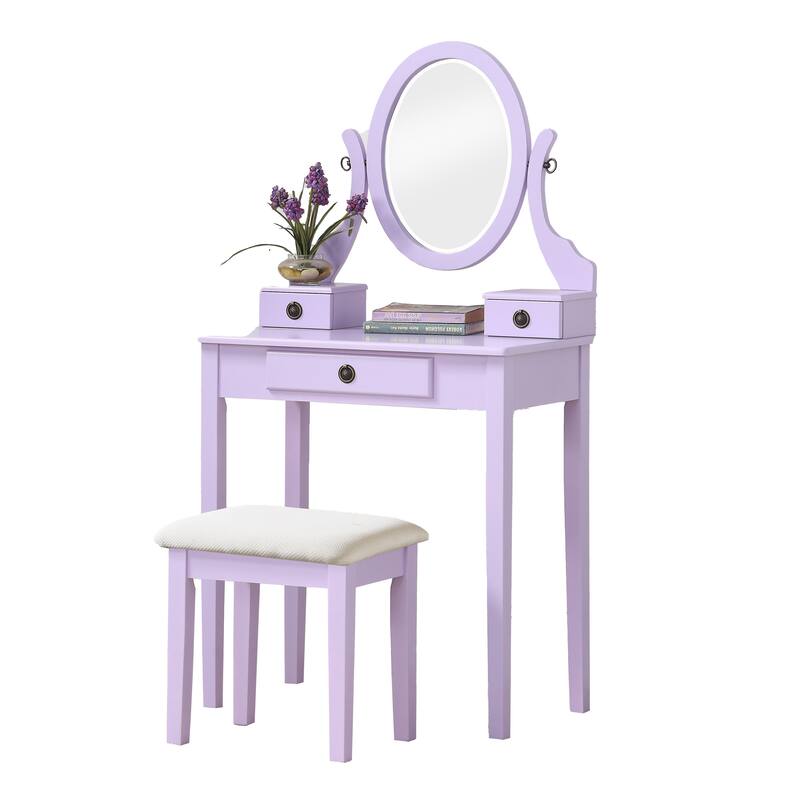 Bedroom Makeup Vanity Desk and Stool Set, Vanity Set Includes Dressing Table, Swivel Adjustable Oval Mirror and Stool