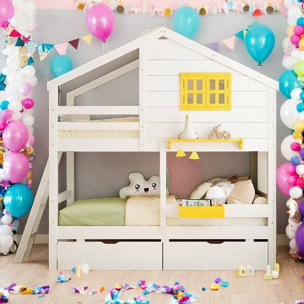 slide 2 of 12, Modern Twin Over Twin Bunk Bed With 2 Drawers,1 Storage Box,1 Shelf,Window and Roof for Bedroom