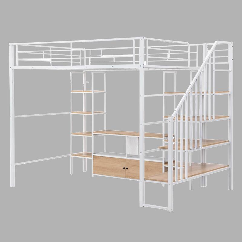Full Loft Bed with Built-In Storage Shelves, Low Table and Safety Guardrails
