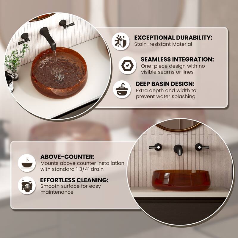 Transparent Resin Vessel Bathroom Sink Included Pop-up Drain and Drain Hose, Modern Above Counter Wash Basin with Center Drain
