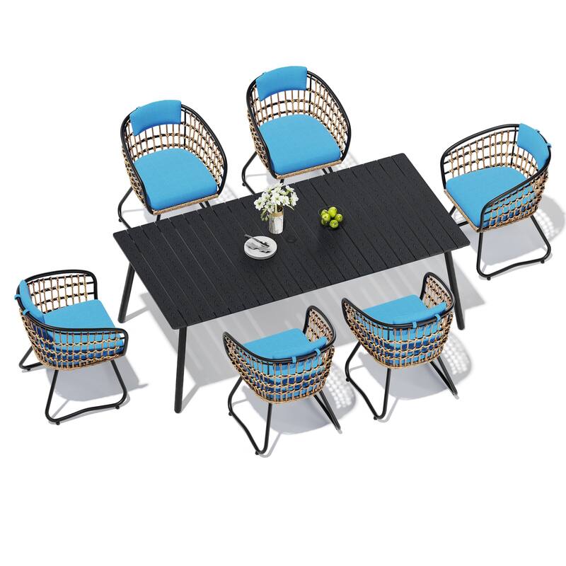 7-Piece Patio Dining Set Outdoor Aluminum Dining Table and PE Rattan Wicker Dining Chairs