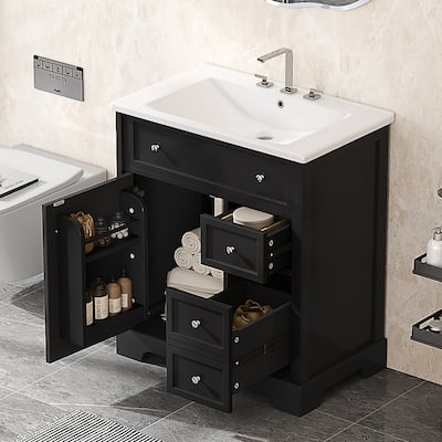 30" Bathroom Vanity with Sink Top, Bathroom Vanity Cabinet with Door and Two Drawers, MDF Boards, Solid Wood, One Package, Black