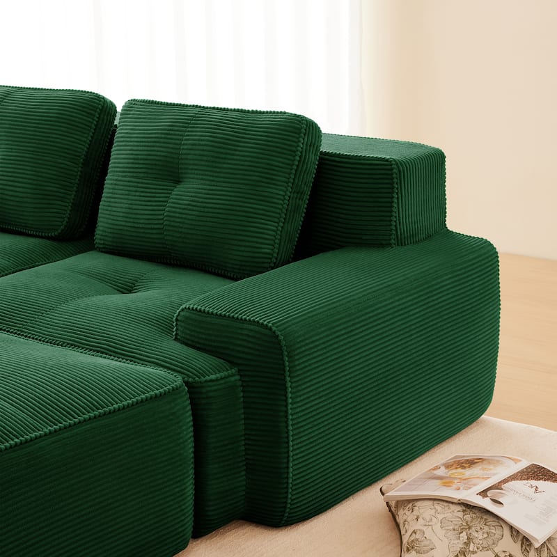 L-Shaped Modular Sectional Sofa with Movable Ottoman, Corduroy Boneless Cloud Couch, Tufted Deep Seat Sofa with 3 Pillow