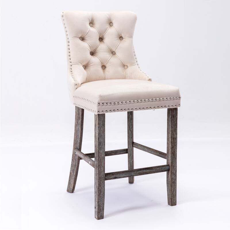 Modern Velvet Upholstered Barstools Bar Chairs with Button Tufted Decoration,Wooden Legs,Chrome Nailhead Trim, Set of 2