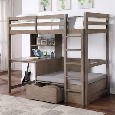 Furniture of America Wegh Solid Wood Twin Size Loft Bed with Workstation and Hidden Storage