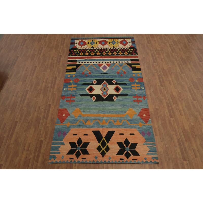 Hand Woven Oriental 100% Wool Carpet Southwestern Tribal Navy Blue & Blues Kilim Area Rug - 14' 10'' X 7' 0''