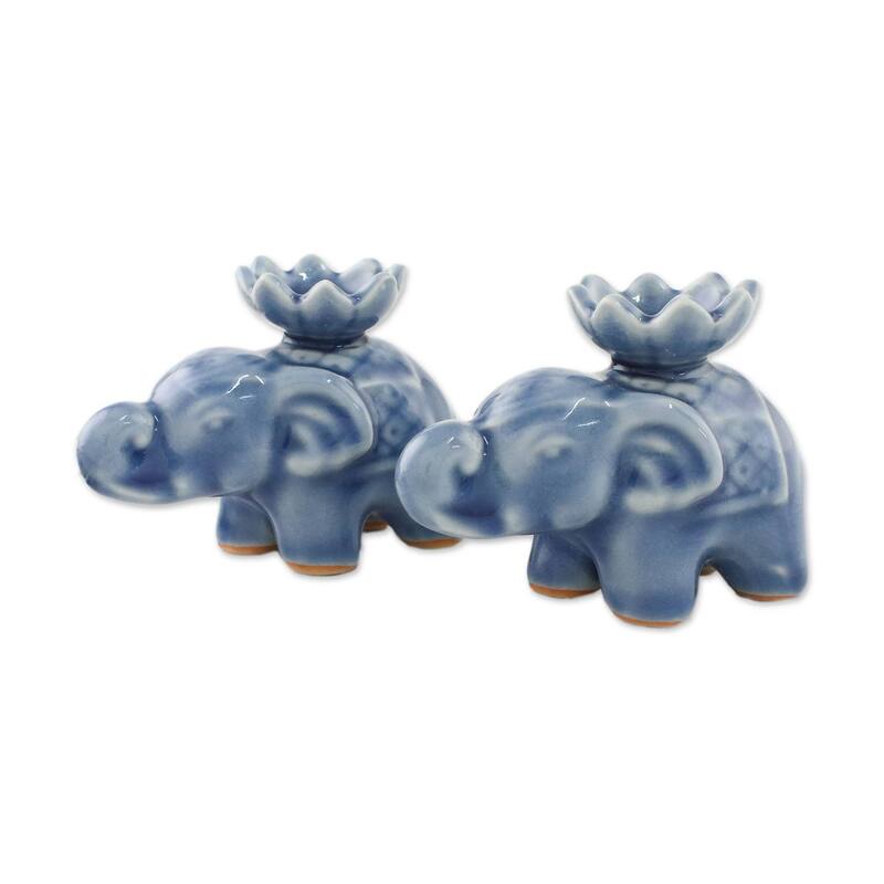 NOVICA Handmade Lotus Elephant In Blue Ceramic Incense Holders (Pair) Thailand - 2.2" H x 1.8" W x 3.1" D