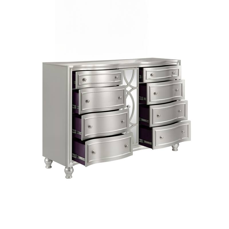 Felix Wide Dresser with 8 Bow Front Drawers, Silver Solid Wood 68 Inch