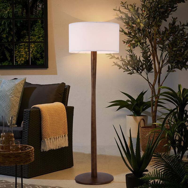 61 in. Retro Standing Floor Lamp with Rubberwood Base and Linen KD Lampshade for Bedroom, Living Room