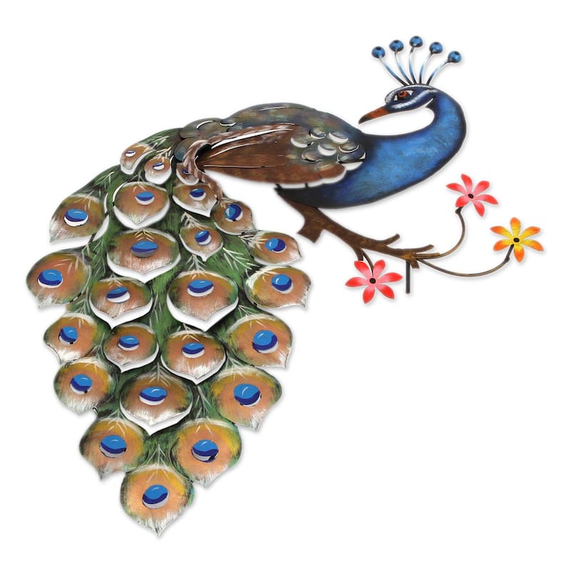 Steel wall sculpture, 'Peacock and Flowers'