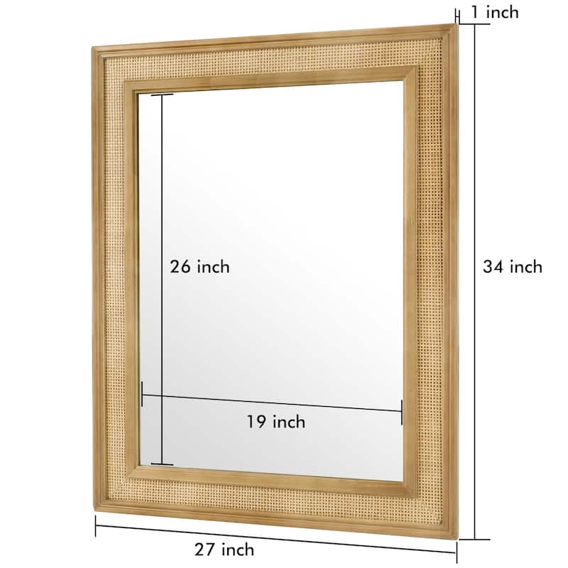 WallBeyond Wooden Framed Rattan Farmhouse Style Rectangle Wall Mirror