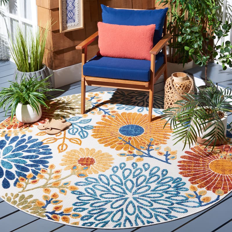 SAFAVIEH Cabana Hillechien Indoor/ Outdoor Waterproof Patio Floral Rug - 3' Round - Creme/Red