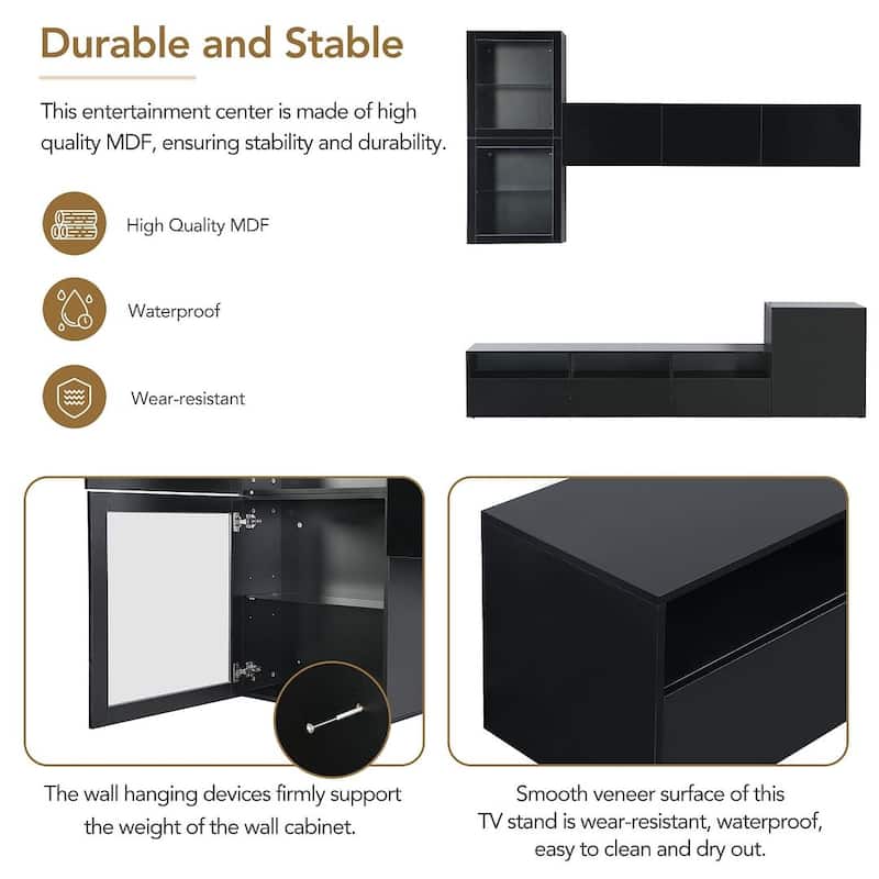 93" Modern High Gloss TV Stand with Wall Mounted Floating Storage Cabinets