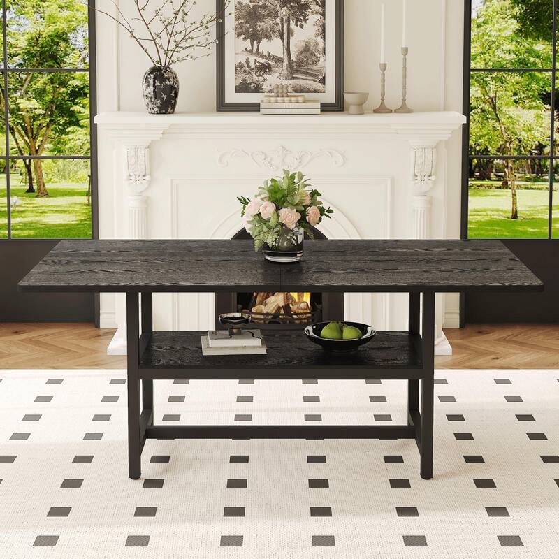 Extra Long Dining Table with Under Table Storage Shelf Black MDF Top Metal Legs Modern Design