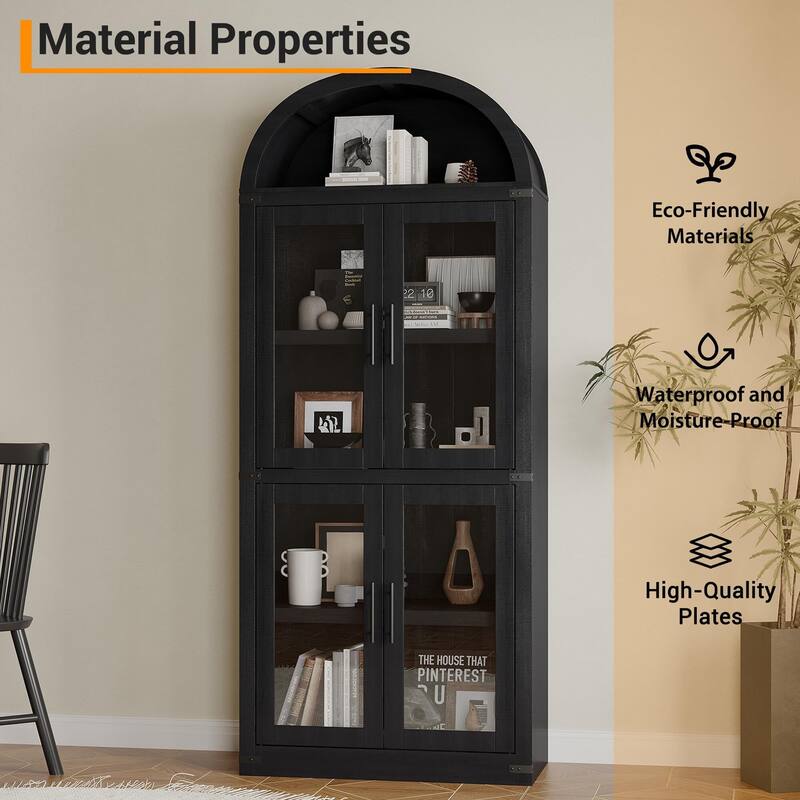71" Tall Arched Bookshelf - Wooden Bookcase Storage Cabinet Rounded Display Storage Shelves Cabinet