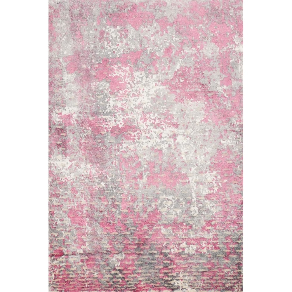 Hand Knotted Oriental Viscose Silk Carpet Modern All-Over Pink Abstract Area Rug - 3' 0'' X 2' 0''
