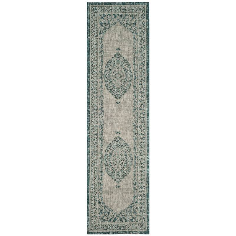SAFAVIEH Courtyard Thoma Medallion Indoor/ Outdoor Waterproof Patio Backyard Rug - 2'3" x 8' Runner - Light Grey/Teal