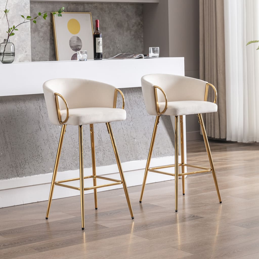 Set of 2 26" Bar Stools, Cream Velvet with Chrome Footrest & Gold Legs