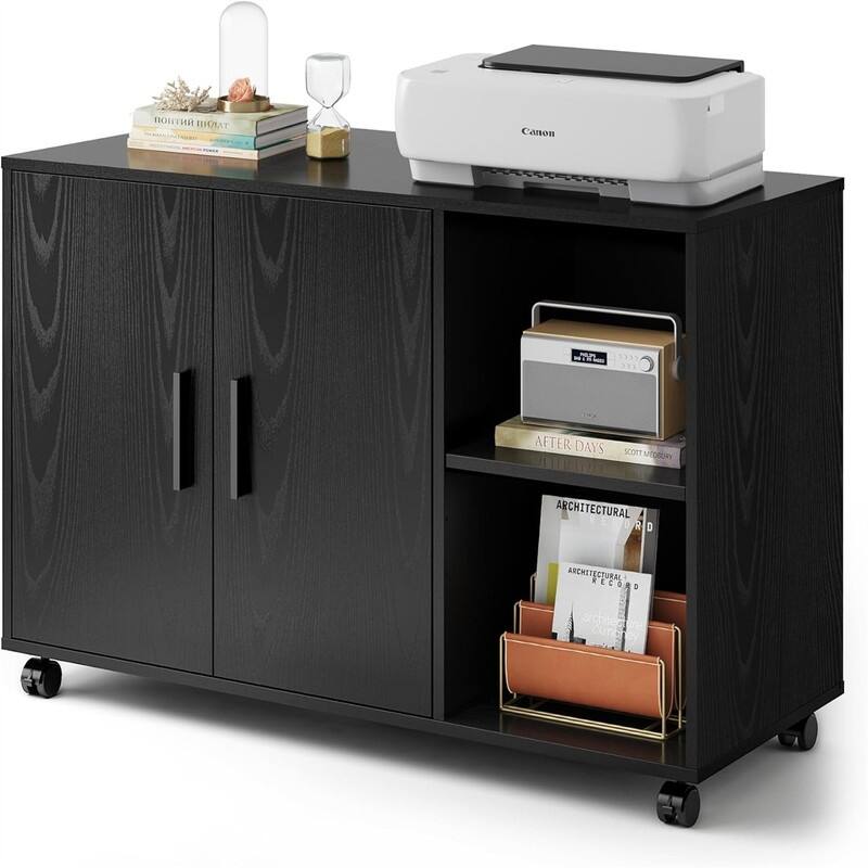 Lateral Printer Cabinet for Office Supplies - 15.8"D x 39.4"W x 25.7"H - Wood Finish - Black