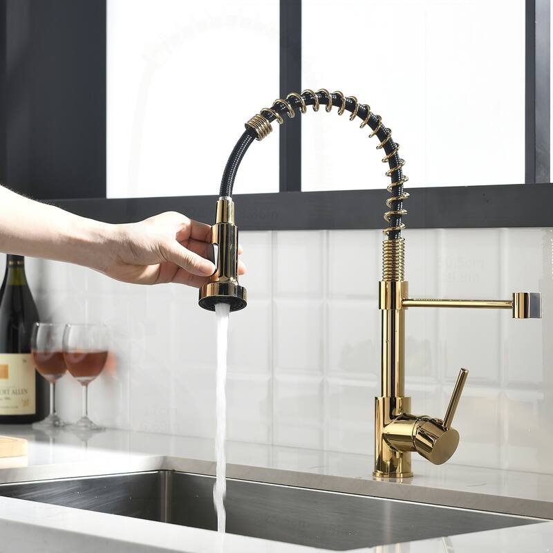 Commercial Kitchen Faucet with Pull Down Sprayer - Black and Gold