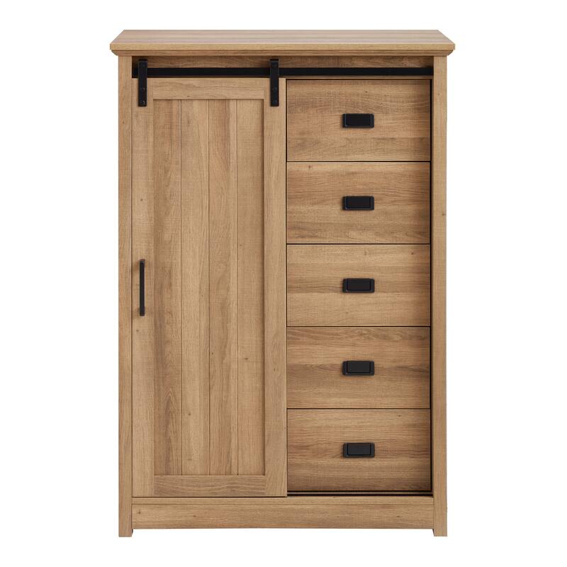 Oak Farmhouse 5-Drawer Dresser with Sliding Barn Door, Versatile