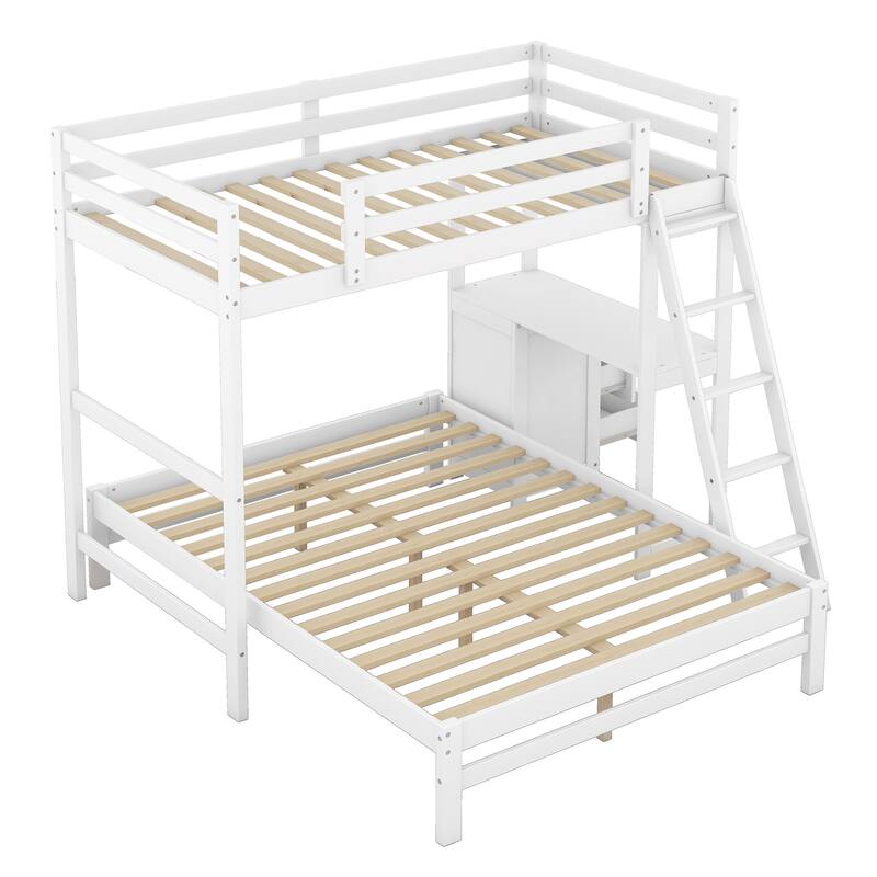 Twin Over Full Bunk Bed with Built-in Desk and Three Drawers, White