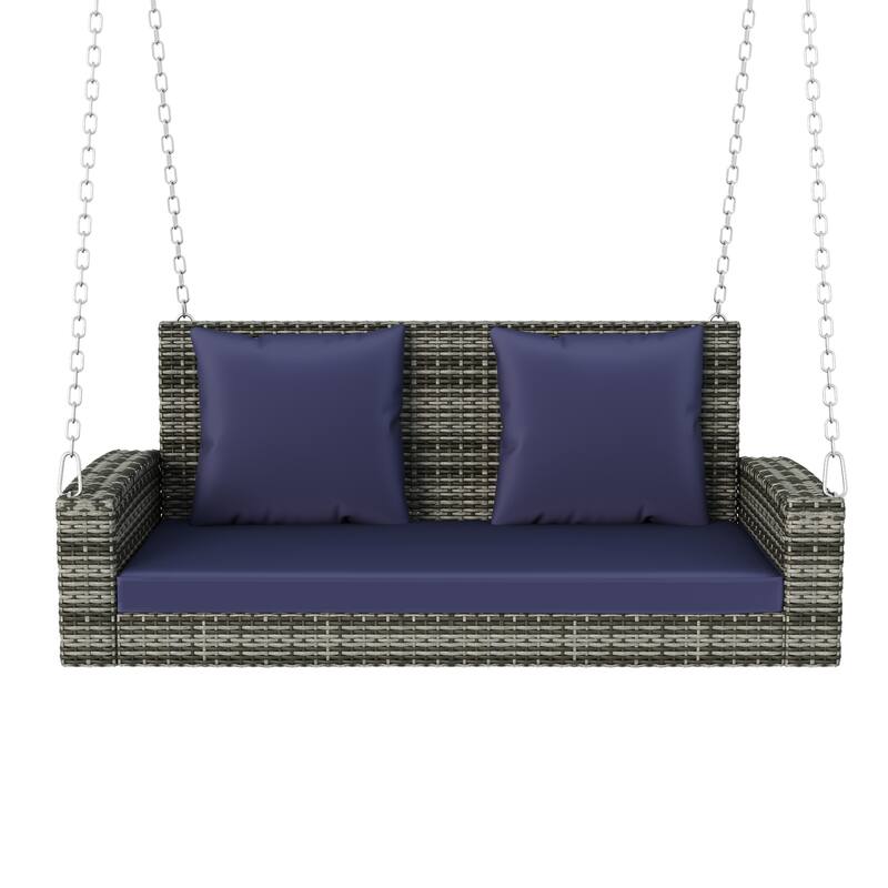 Double Swing Chairs with Cushion Hanging Swing Bench Lounge Rocking Chair Wicker Hanging Basket Chairs for Outdoor Patio