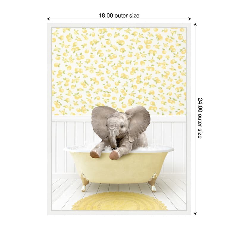 Kate and Laurel Sylvie Baby Elephant 6 in Cottage Yellow Bathtub Framed Canvas by Amy Peterson