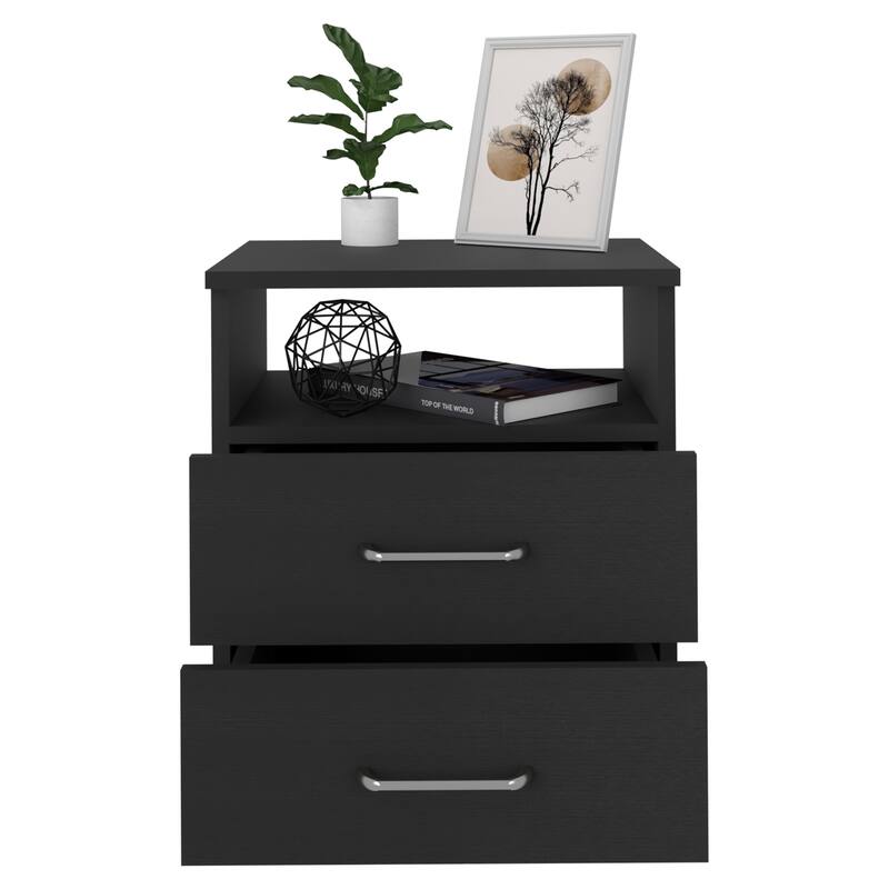 Modern Nightstand with Two Drawers and Shelf, Black