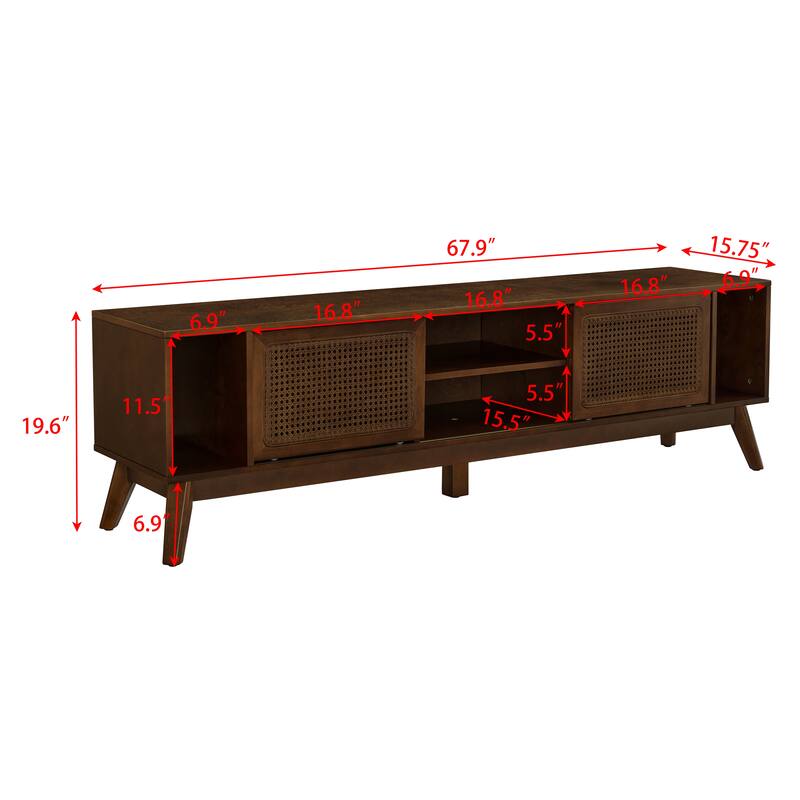 Mid-Century Modern Rattan TV Stand for TVs up to 75" with 2 Sliding Doors and Solid Wood Legs, for Living Room, Walnut