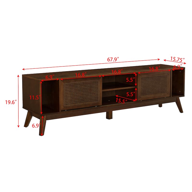 Roomfitters 67.9" Mid-Century Modern Rattan TV Stand Media Console with Storage Cabinet for 75" TVs