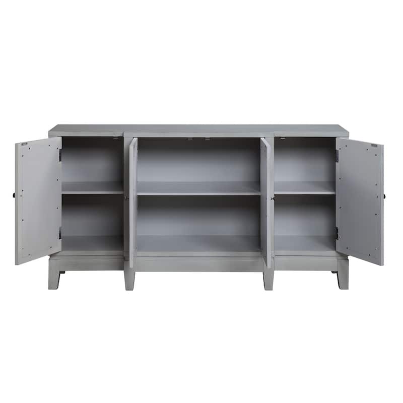 Console Table with 4 Glass Doors and Geometric Front, Gray