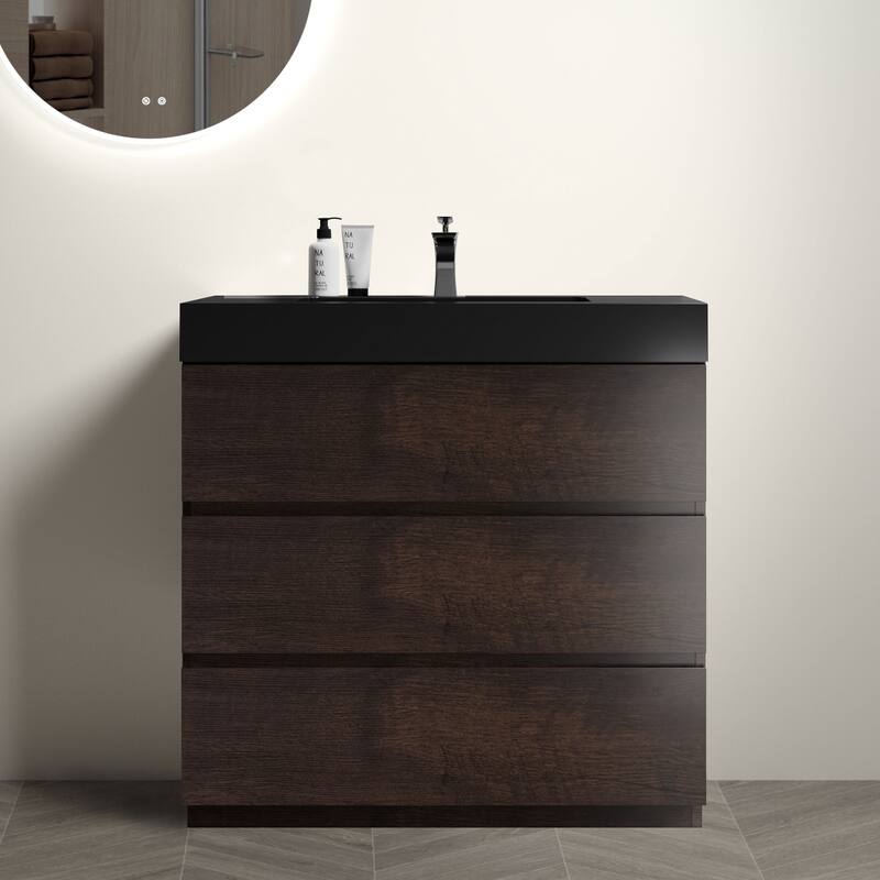 GDFStudio - Alice Walnut Freestanding Bathroom Vanity with One-Piece Matte Black Sink, Modern Handle-Free Design, Pre-Assembled - 36" - Walnut+Black