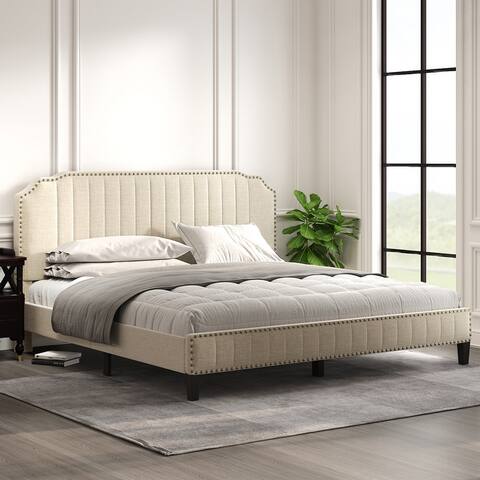 Modern Style Solid Wood King Size Linen Curved Upholstered Platform Bed with Nailhead Trim Headboard and Footboard