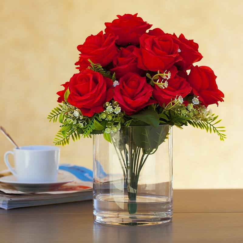 Enova Home Artificial 18 Heads Silk Roses Fake Flowers in Clear Glass Vase with Faux Water for Home Decoration