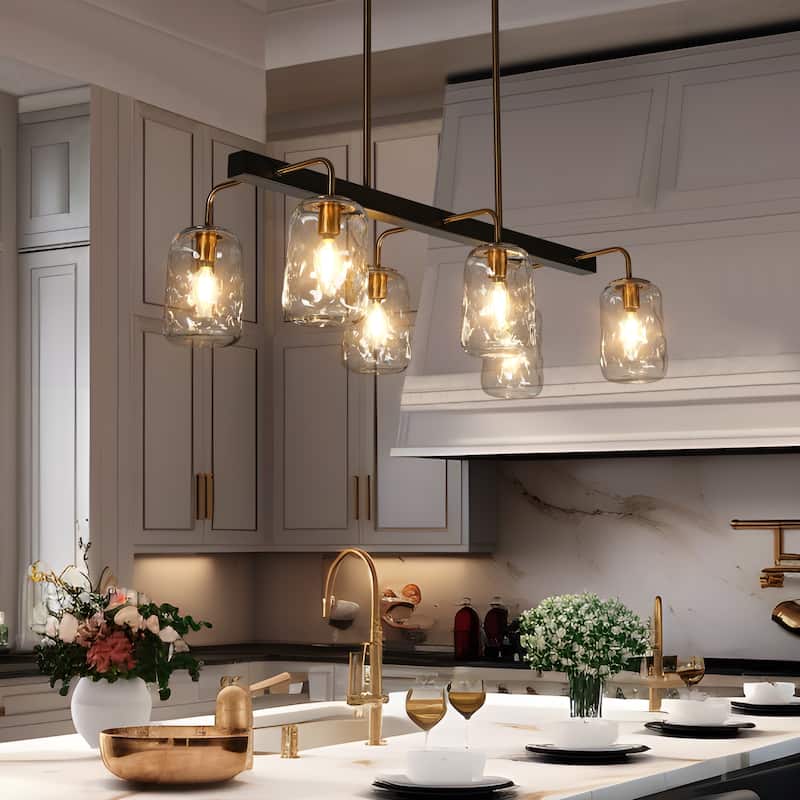Modern 6-Light Textured Glass Chandelier Gun Black Gold Kitchen Island Light - L 33" x W14.5" x H 21.2"