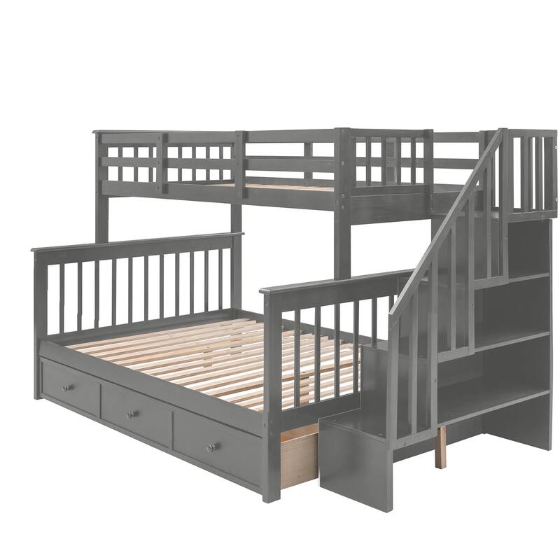 Stairway Twin Over Full Bunk Bed with 2 Drawer & Stairs Storage, Detachable Solid Wood Bunkbeds Bedframe, for Kids Teens Adults