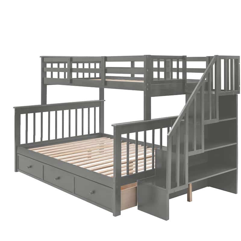 Stairway Twin-Over-Full Bunk Bed with Drawer Storage and Guard Rail for Bedroom